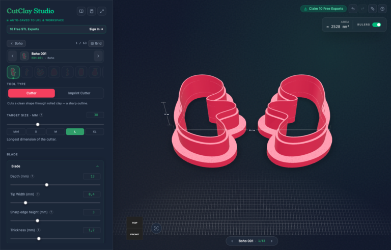 3D model of pink ribbon sandals in a design app, with left-side tool panel visible