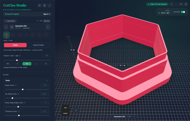 Screenshot of CutClay Studio UI with a pink hexagonal cutter in a 3D workspace, grid floor, and measurement annotations on the model.