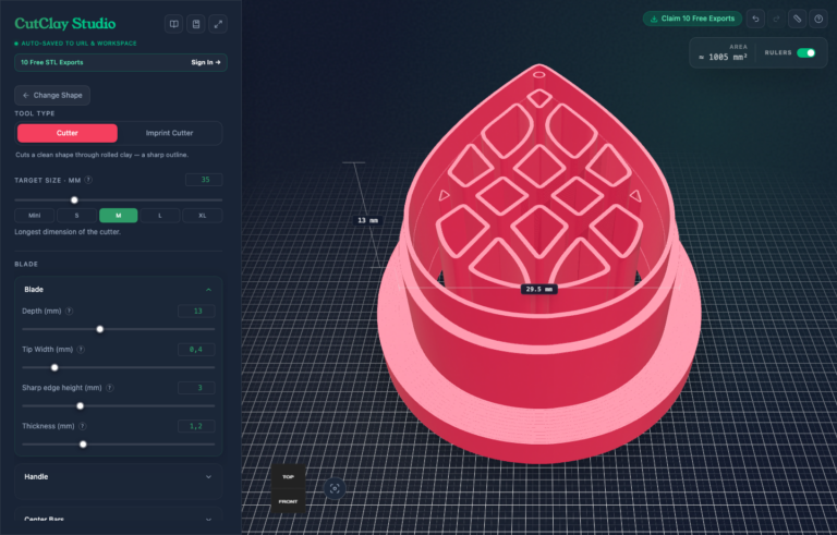 Pink 3D-clay cutter model displayed in design software with measurement overlays on a dark grid background; creator interface visible on left.