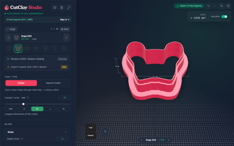 CutClay Studio 3D workspace showing French Bulldog portrait cutter with stamped muzzle and ear folds